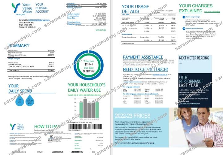 Melbourne Yarra Valley Water water business utility bill Word and PDF formats, 2 pages